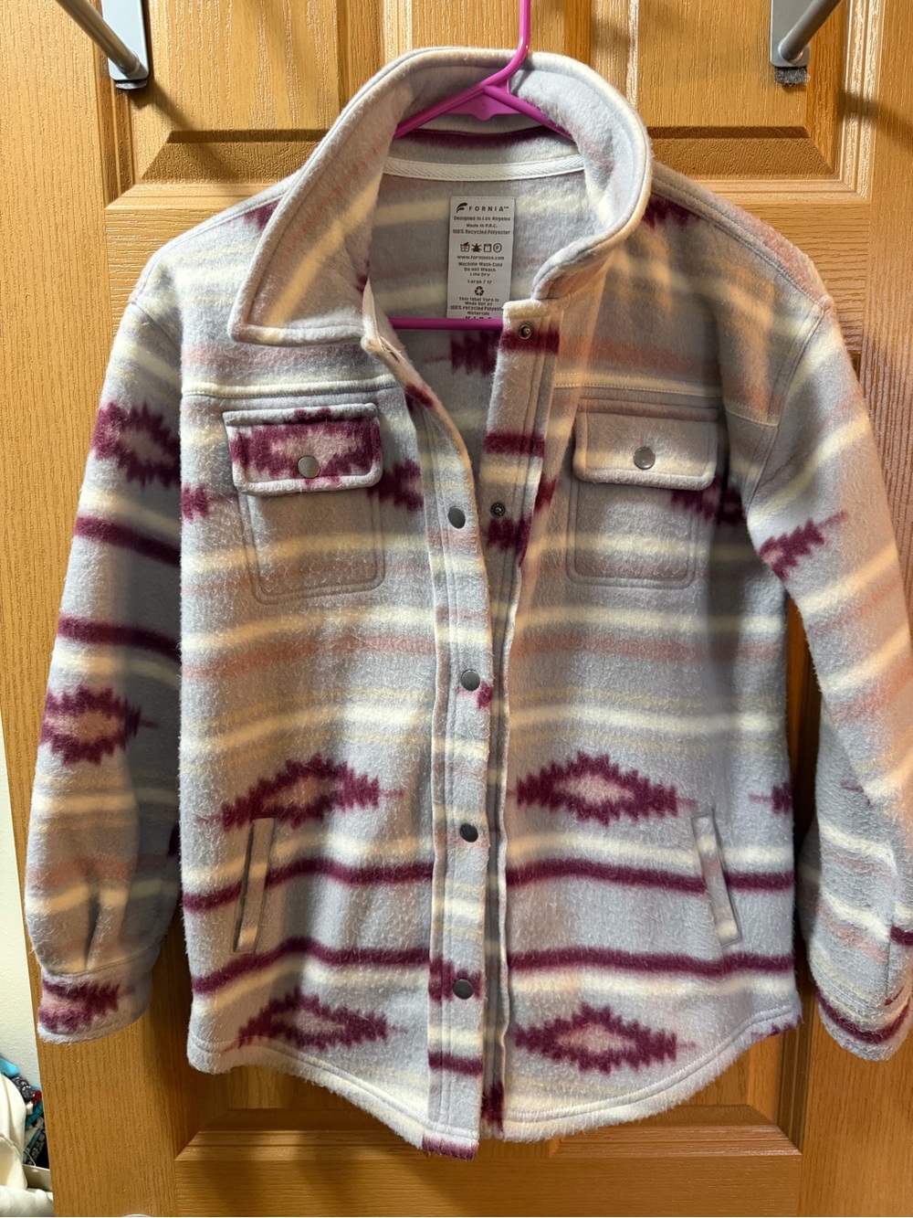 Fornia Cream & Burgundy Patterned Fleece Shacket